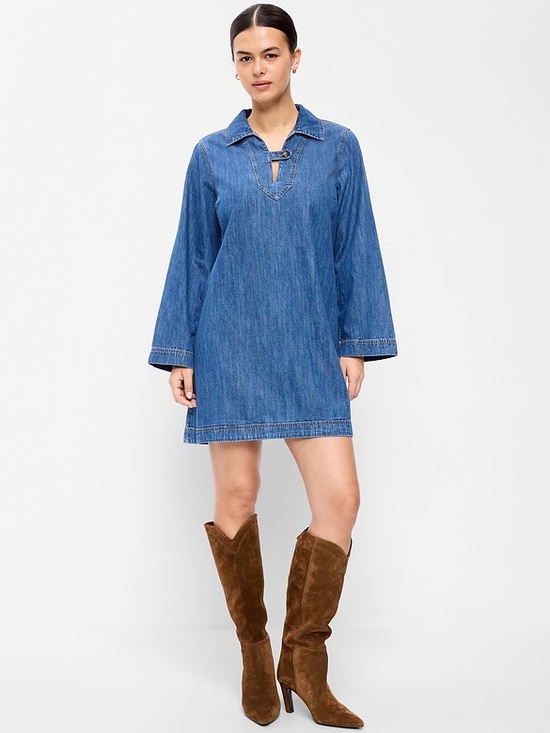 Old Navy Dresses & Skirts - Denim Mini Dress Size Medium Dark Wash V-Neck Collar Long Sleeve